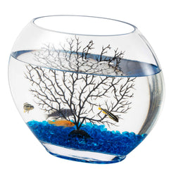 Hygger mini pecera oblate con decoracion azul, perfecto para observar peces en casa.
