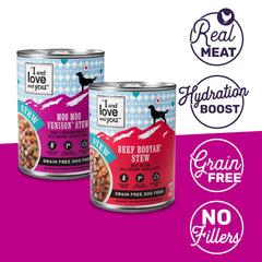 I AND LOVE AND YOU muestra lata 13oz con venado y ternera para saborear.