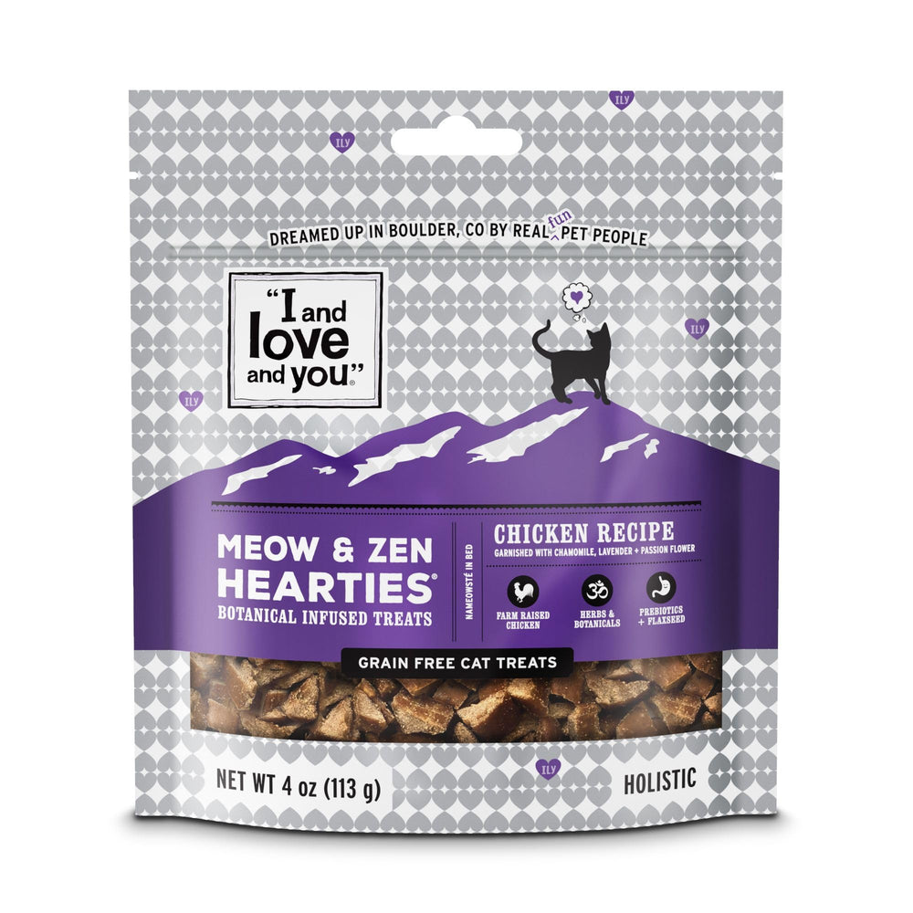 Golosinas Meow and Zen Hearties con pollo para momentos tranquilos y sabrosos.