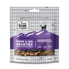 Golosinas Meow and Zen Hearties con pollo para momentos tranquilos y sabrosos.