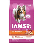 IAMS Proactive Health Healthy Aging bag front with real chicken and whole grains, senior-focused.