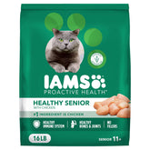 IAMS Proactive Health Senior, frente del empaque: pollo real en cada porción para gatos mayores.