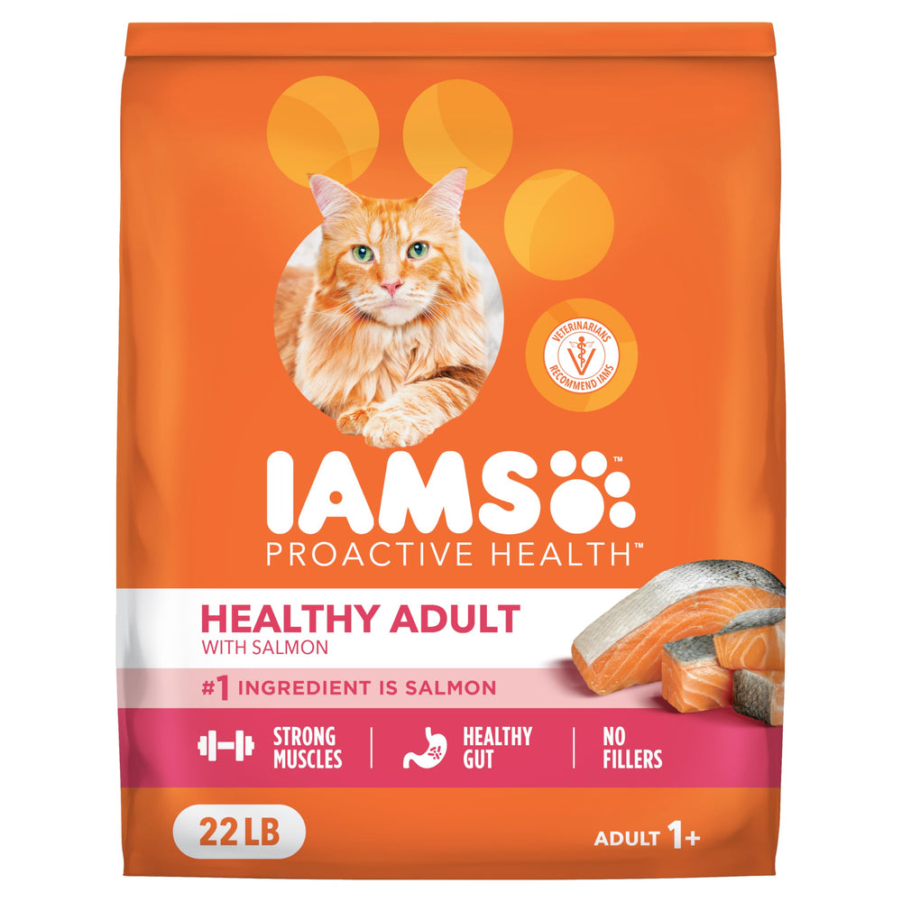 IAMS Salud Proactiva para gatos adultos con salmón real, croquetas crujientes para cada comida.
