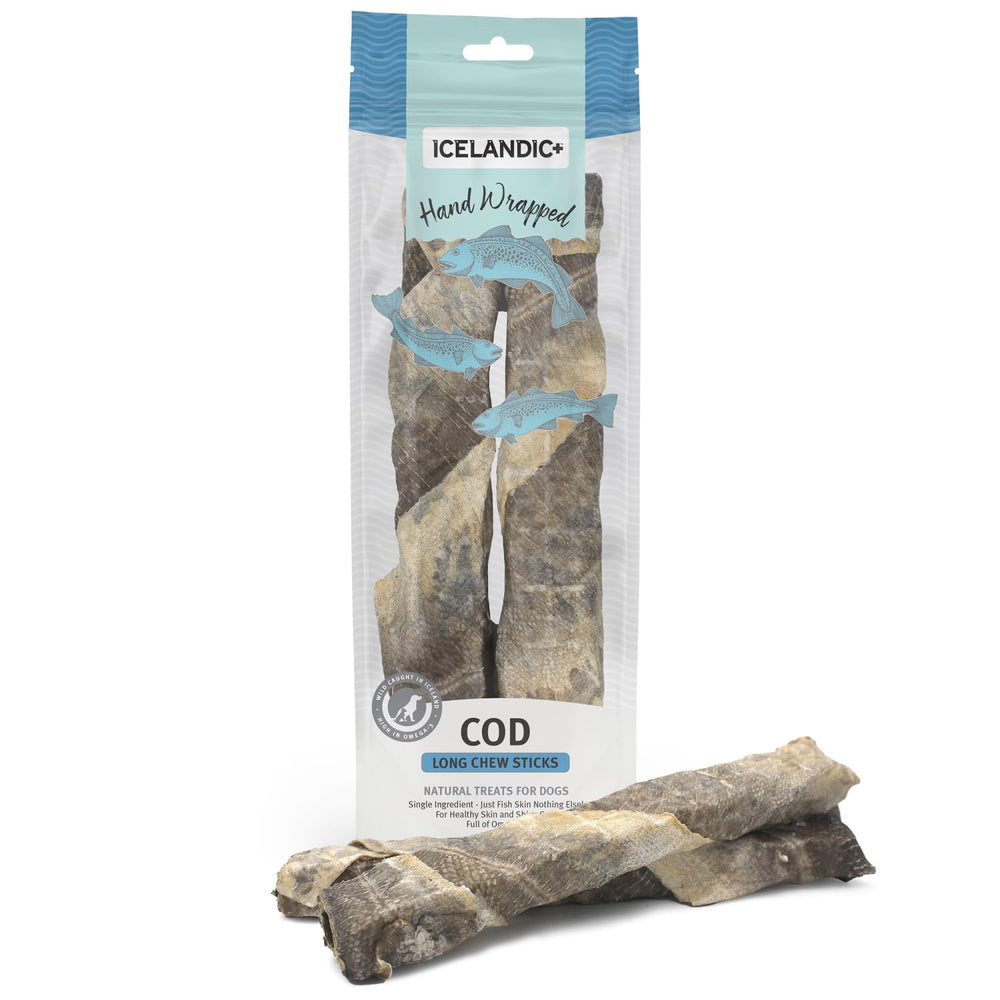 Icelandic+ palitos de masticar largos con piel de bacalao, snack natural para perros.