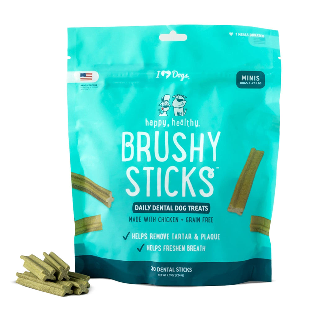 iHeartDogs Brushy Sticks en empaque para perros pequeños, fácil de usar.