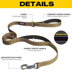 Fida 4 ft Correa para Perros - Asa Doble Acolchada, Gancho Fácil y Reflectante