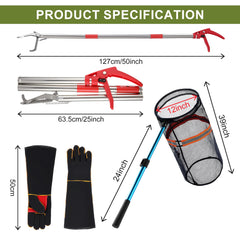 Qualirey Set de Captura de Serpientes: Tenazas 50 Pulgadas y Red Extensible 40-60 cm