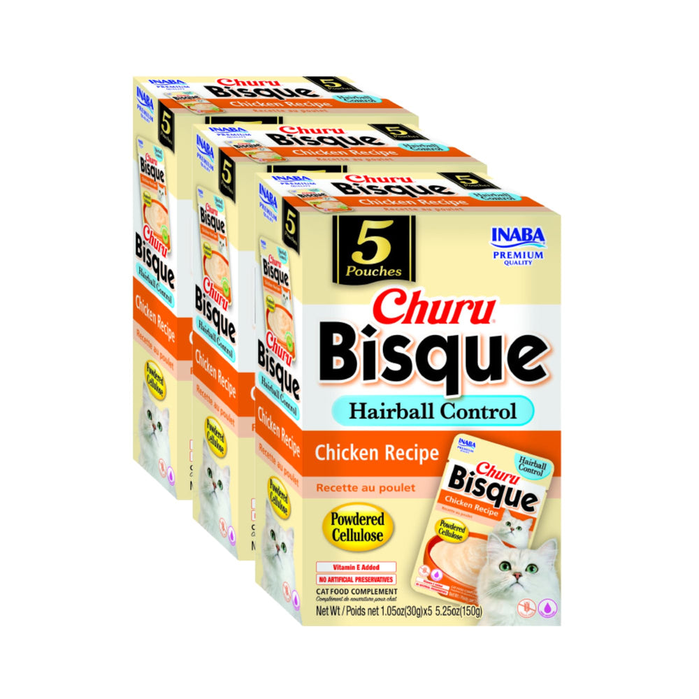 INABA Churu Bisque: puré cremoso para control de bolas de pelo y digestión suave.