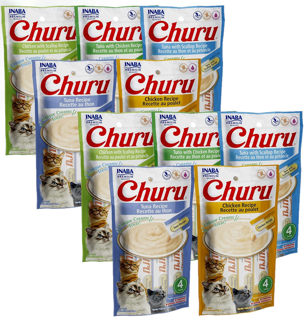 INABA Churu tubitos cremosos para gatos, snack sabroso con alta humedad.