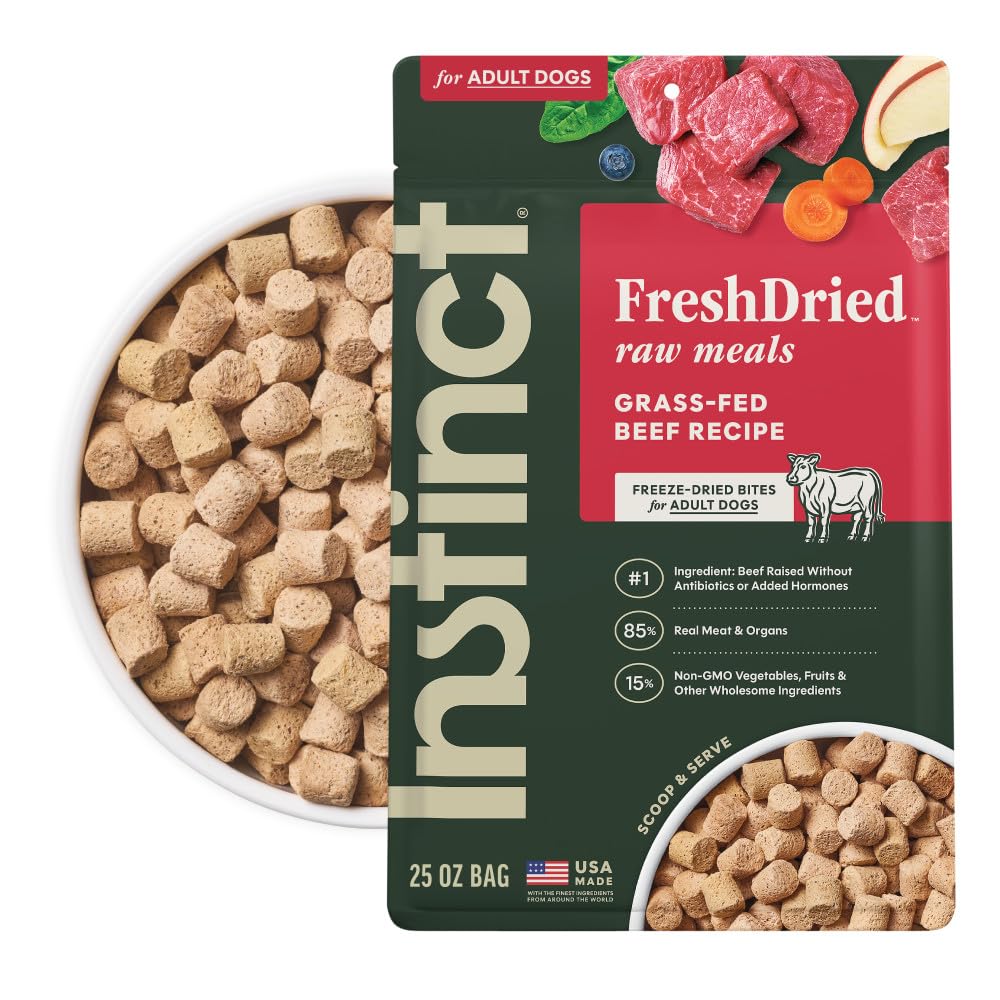 Instinct Bocados Deshidratados en empaque 25 oz, fácil de almacenar y servir.