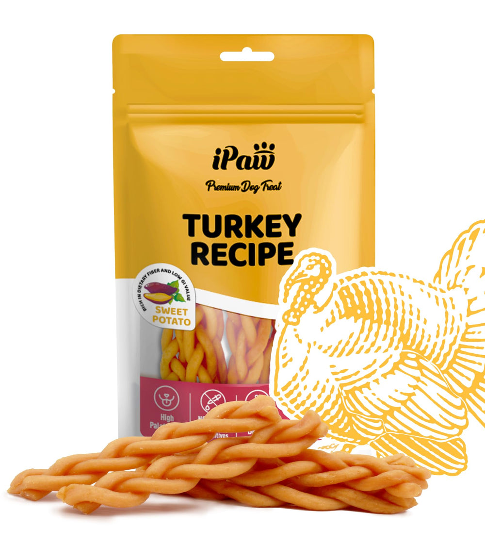 iPaw tira trenzada de pavo con batata dulce, ideal para recompensas de entrenamiento.