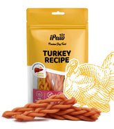 Ipaw Turkey Dog Treats braided stick for training rewards and satisfying, long-lasting chewing.