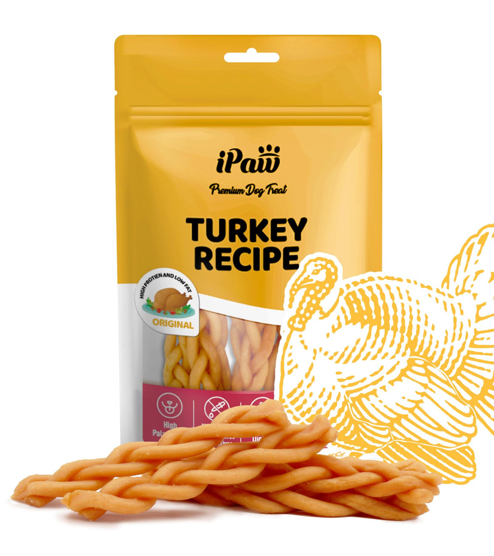 iPaw golosinas de pavo, palo trenzado, ideal para entrenamiento diario y masticación segura.