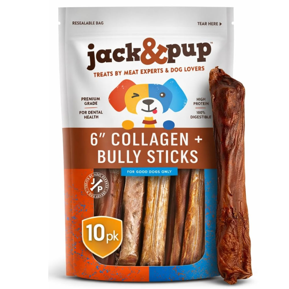 Jack&Pup palitos bully con colágeno 6 pulgadas en empaque, snack natural para perros.