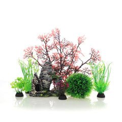 Conjunto JIH de plantas y cueva de piedra, crea refugio y ambiente natural para peces.