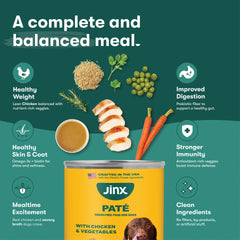 Paté suave de Jinx para perros, textura tierna con pollo y vegetales.