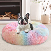 Cama JOLLYVOGUE en forma de dona con pelaje sintético suave para descanso cómodo.