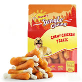 Jungle Calling packaging closeup showing premium chicken treats for dogs