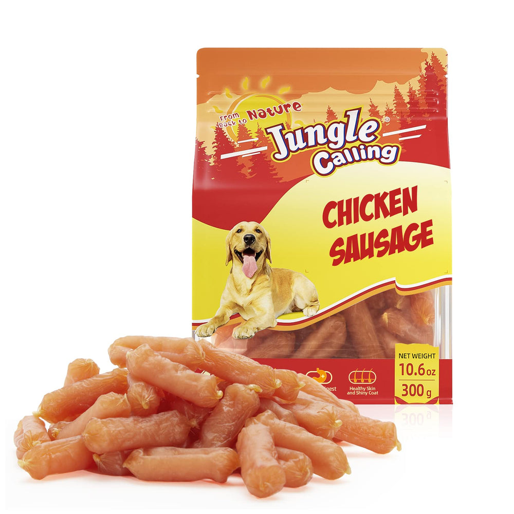 Friandise Jungle Calling Saucisses de poulet douces dans sachet fermé, pratique pour les récompenses quotidiennes.