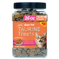 Just Try Taurine Treats para gatos en empaque práctico para uso diario.