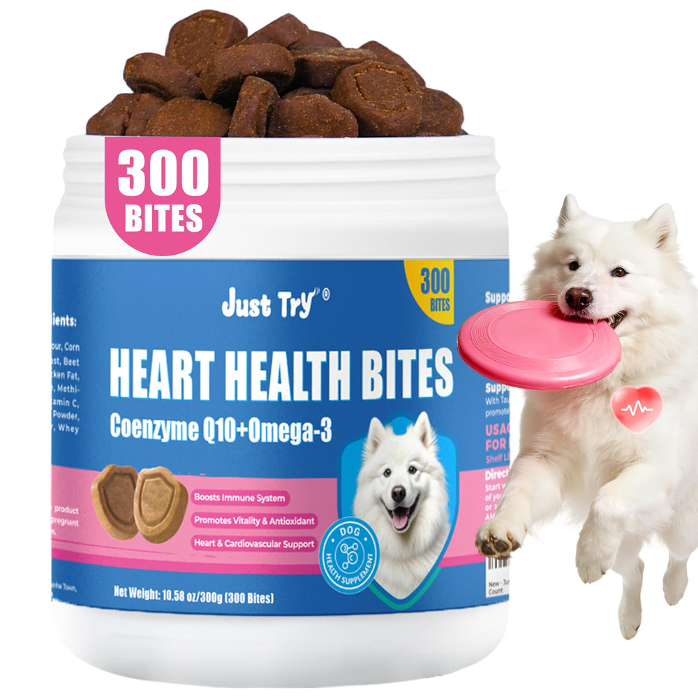 Just Try CoQ10 para perros, caja con bocados suaves de pollo para apoyo cardíaco.