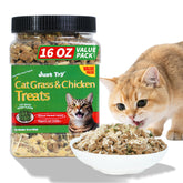 Just Try tiras hierba para gatos en empaque, snack crujiente para entrenamiento.