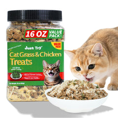 Just Try tiras hierba para gatos en empaque, snack crujiente para entrenamiento.