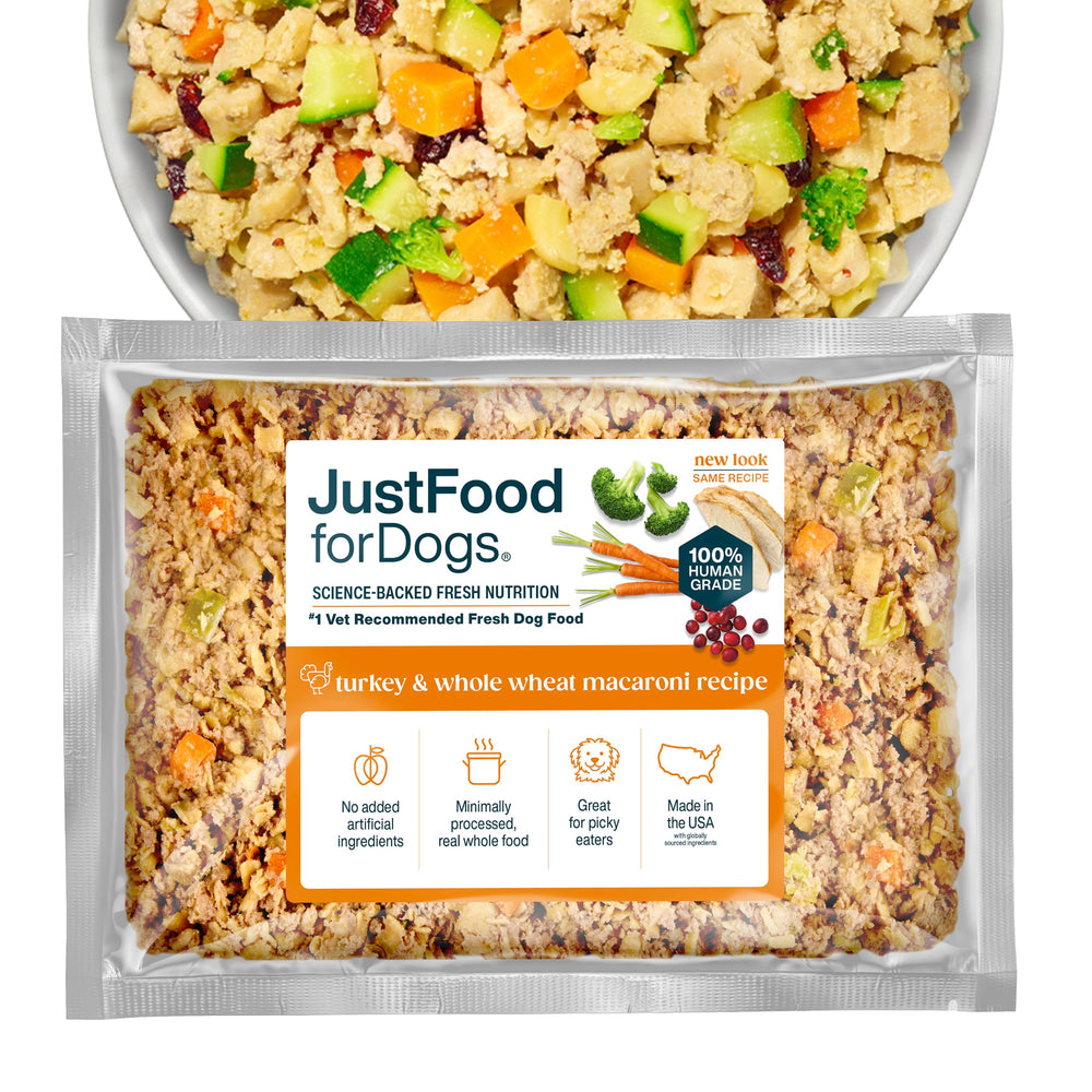 JustFoodForDogs comida de pavo con macarrón en envase, opción fresca para perros