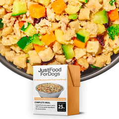 JustFoodForDogs Pantry Fresh con pavo y macarrones, ideal para servir como comida completa.