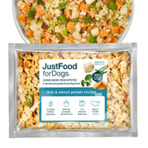 JustFoodForDogs pescado-batata-frente: apoyo para piel y pelaje saludables.