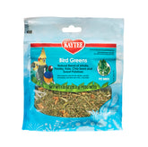 Kaytee Bird Greens, empaque práctico para aves, fácil de almacenar.