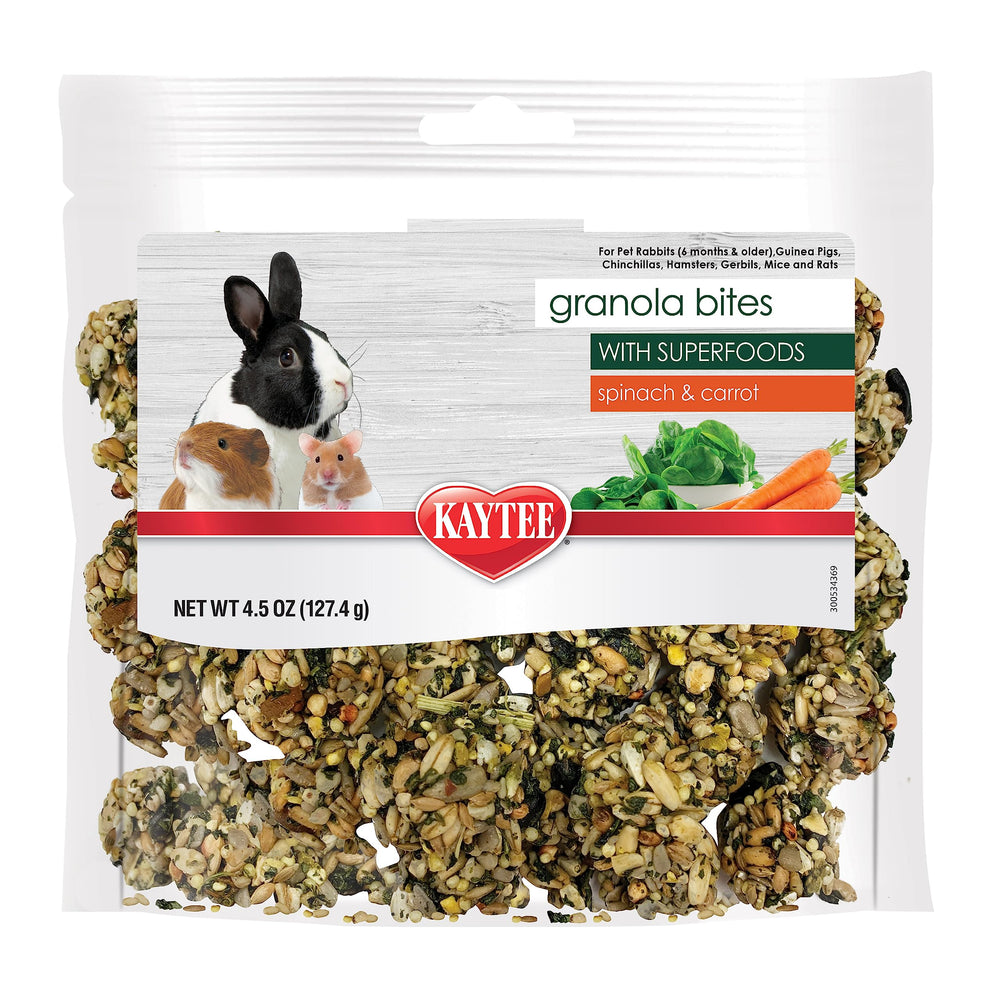 Kaytee Granola Bites con espinaca y zanahoria, empaque visible para snack diario