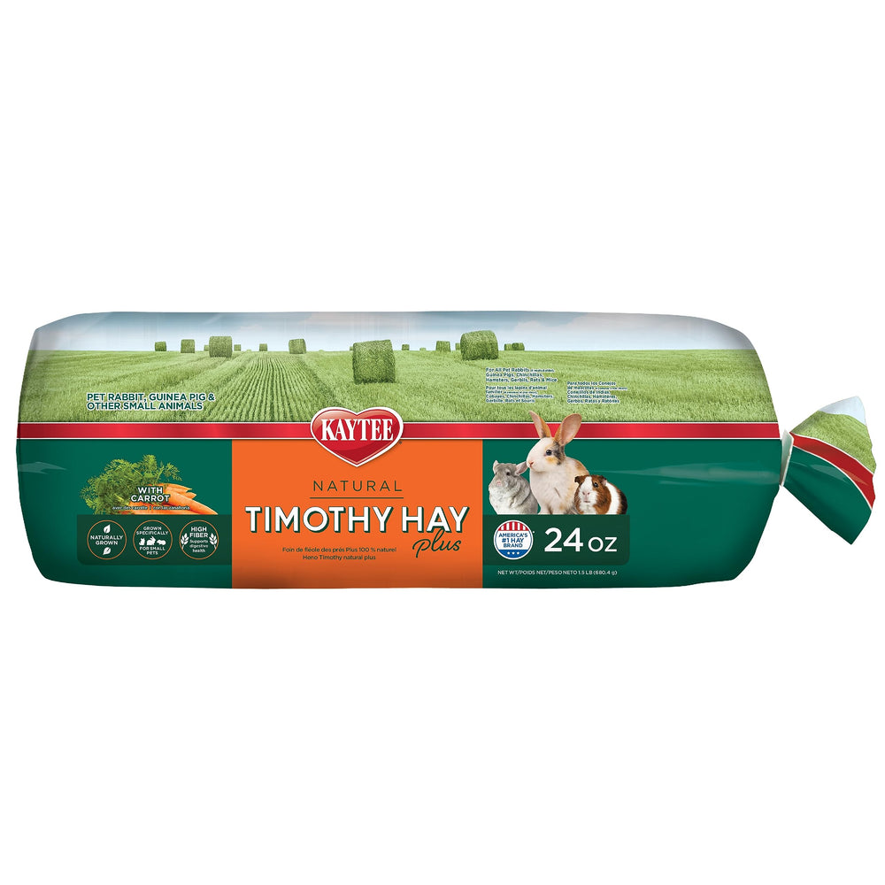 Kaytee Timothy hay con zanahoria y menta, textura enriquecida para estimular el comer.
