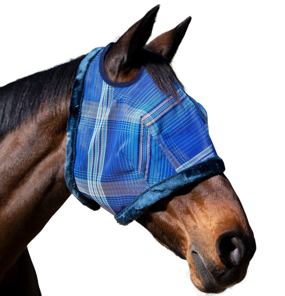 Kensington UV Fly Mask con borde de felpa: tacto suave y protección facial para caballos.