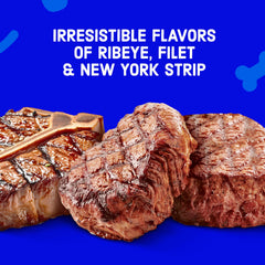 Kibbles 'n Bits Triple Steak close-up reveals crunchy kibble texture.