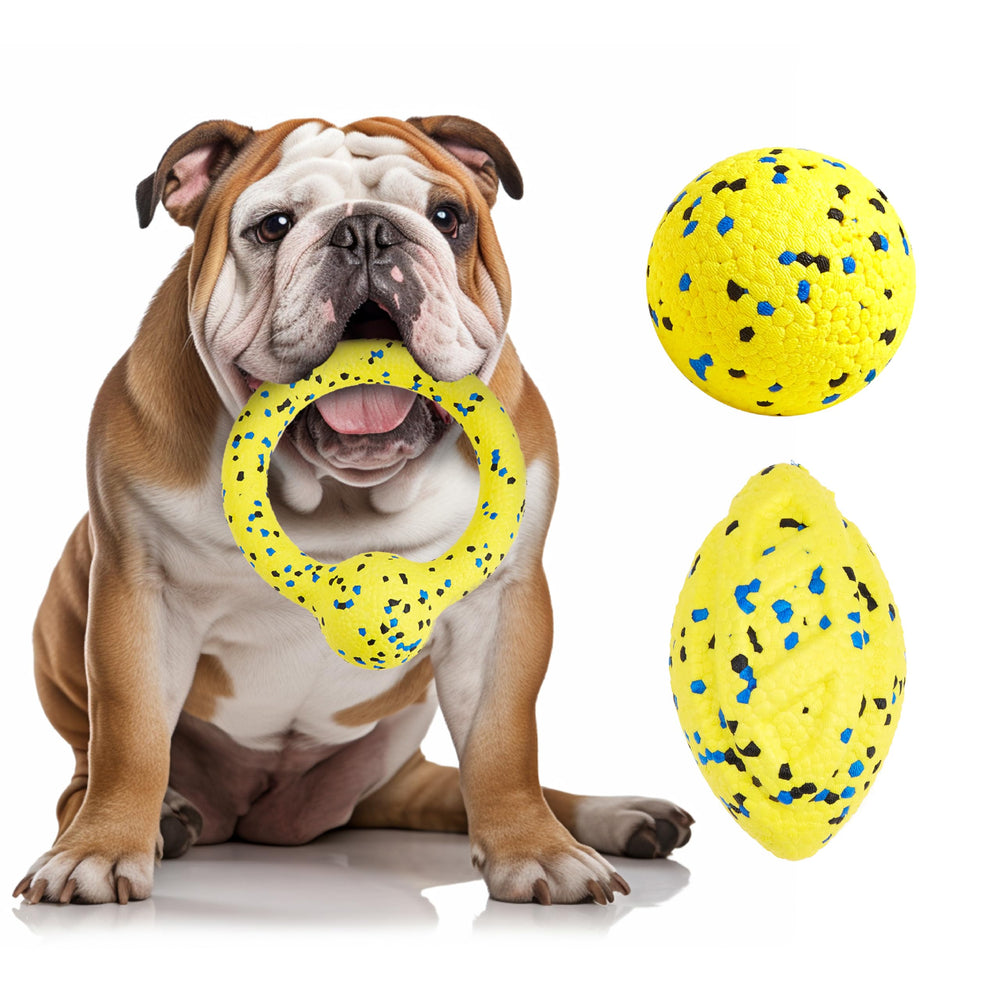 Conjunto Kimee de pelotas para perro en amarillo, ideal para juegos de buscar y traer.