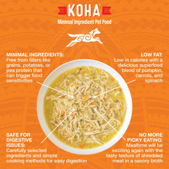 KOHA Pure Shreds pollo desmenuzado en caldo, apoyo digestivo con proteínas.