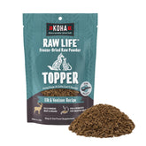 KOHA Raw Life Topper espolvoreado sobre comida para perros y gatos, sabor irresistible.