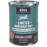 KOHA Venison Entrée en lata frente de empaque, ideal para estómagos sensibles.
