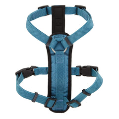 KONG arnés acolchado azul, vista trasera, soporte cómodo para el torso en caminatas.