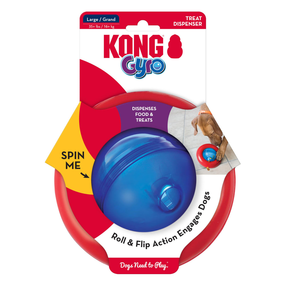 KONG Gyro, juguete-interactivo-dispensador-premios para perros, estimulando la curiosidad.