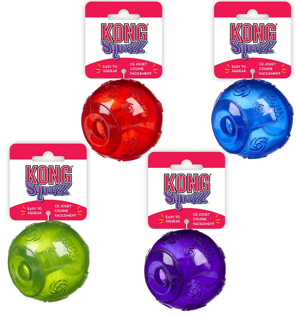 KONG Squeezz Bola grande para perros, juego interactivo y sonido claro.