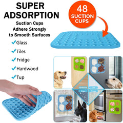 Kwispel Lick Mat con 48 ventosas para adherencia estable en azulejos.