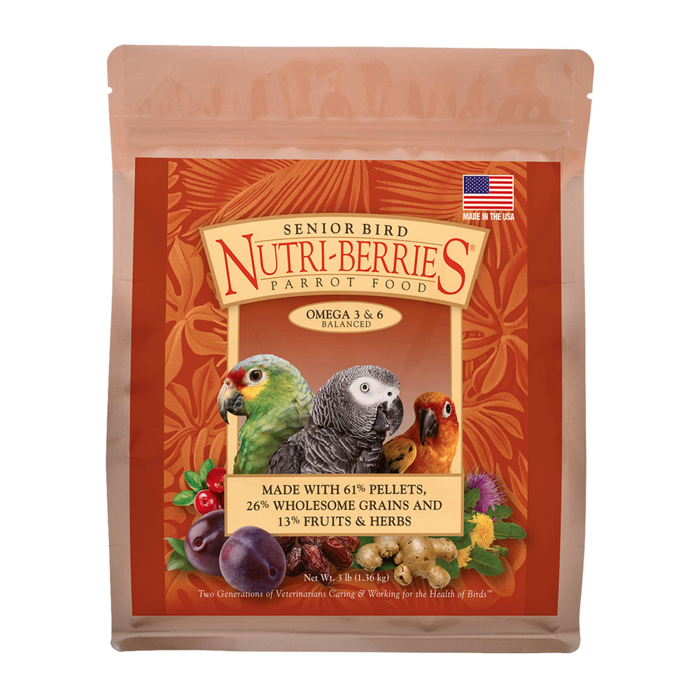 LAFEBER'S Senior Bird Nutri-Berries, envase visible, ideal para nutrición diaria de loros.