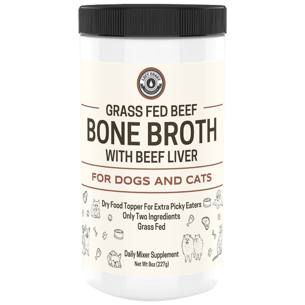 Left Coast Performance polvo caldo de huesos, ideal para realzar sabor en perros y gatos.