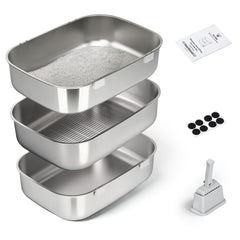 LLNHAEB caja-arena triple tamiz acero inoxidable para gatos grandes