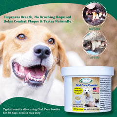 Polvo dental con ingredientes orgánicos para perros y gatos.