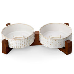 Conjunto MALACASA: soporte de nogal para perros y gatos, base estable.