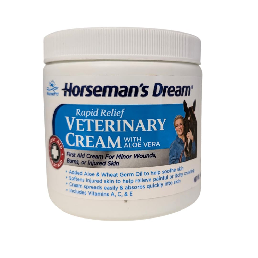 Crema veterinaria Manna Pro Corona Horseman's Dream en tarro para caballos que calma irritación leve de la piel.