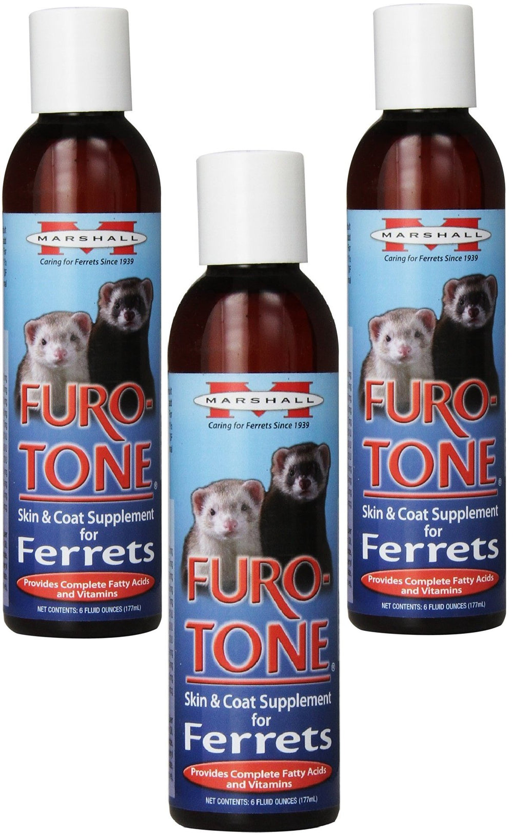 Marshall Furo Tone para hurones: botella de suplemento para piel suave y pelaje brillante.